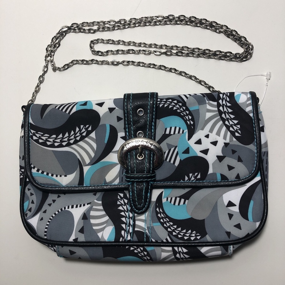 Hadaki Crossbody purse buckle flap clasp bag chain link strap Mardi Gras paisley